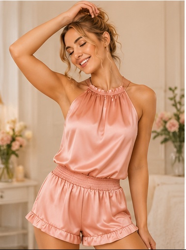 Women's Premium Peach Satin Halter Neck Cami & Shorts Nightwear Set | Soft Luxury Sleepwear for Women